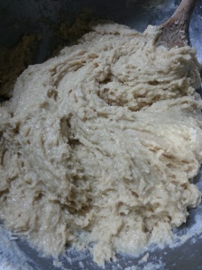 It should look like this when it's mixed enough -- pretty thick, almost like cookie dough. 