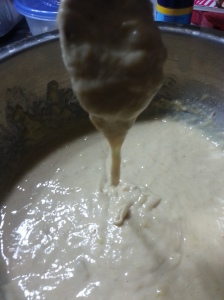 I'm always surprised how the batter liquidizes after you add the bananas. 